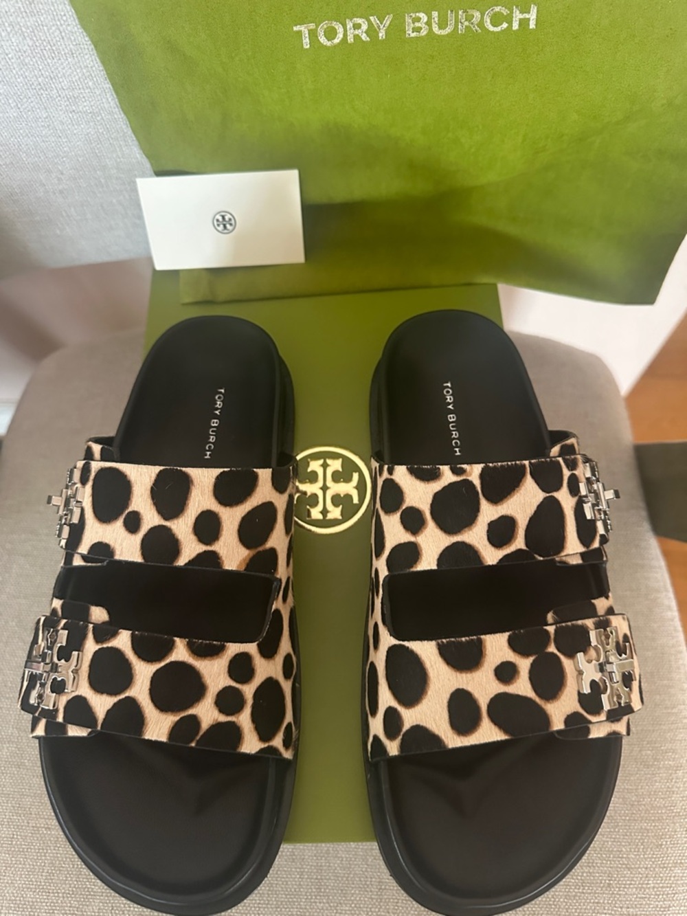 Tory Burch Leopard-Print Double Buckle Slides in Black and Tan